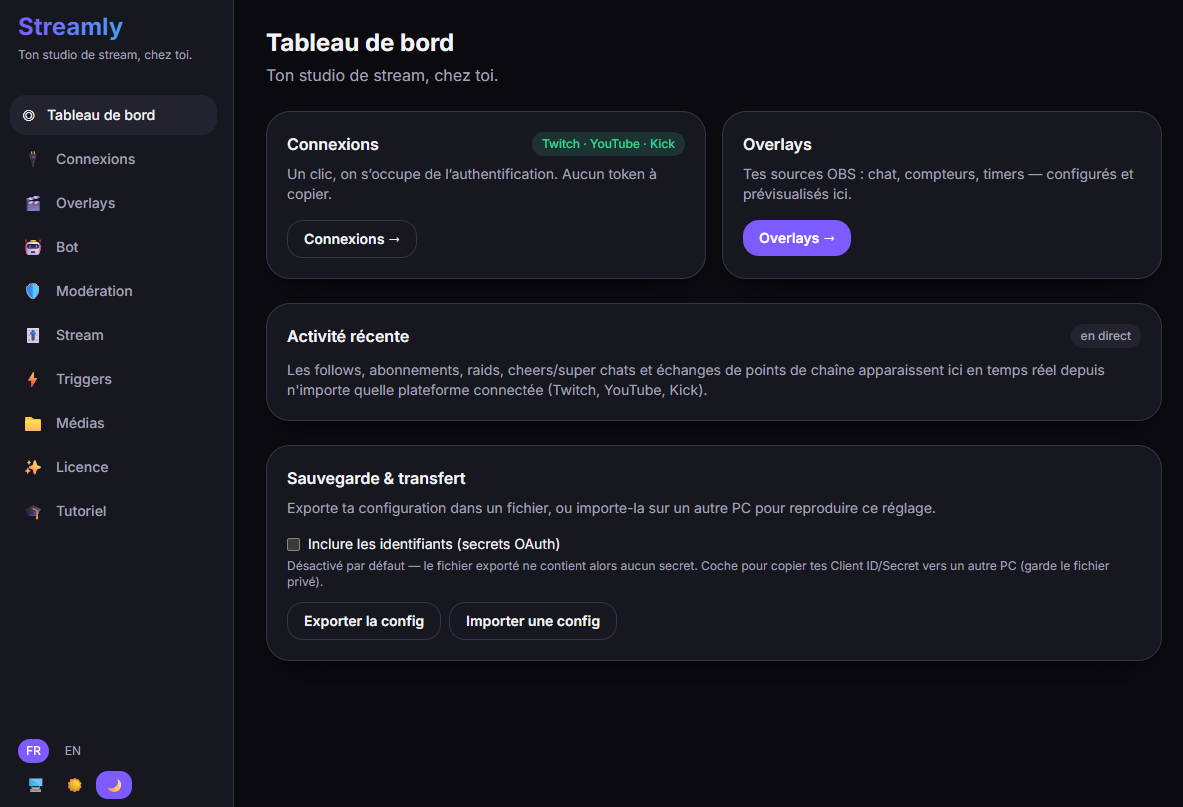 Le tableau de bord de Streamly.