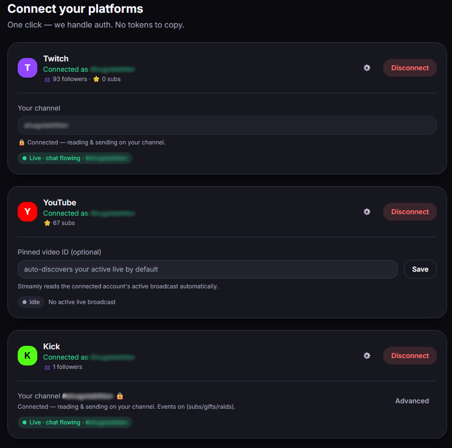 Der Tab Connections: eine Karte pro Plattform.