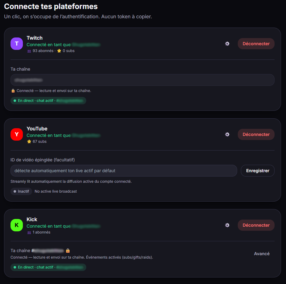 L'onglet Connexions : une carte par plateforme.
