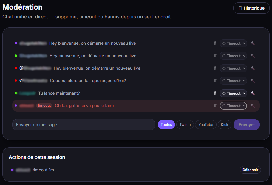Modération : actions au survol et message marqué.