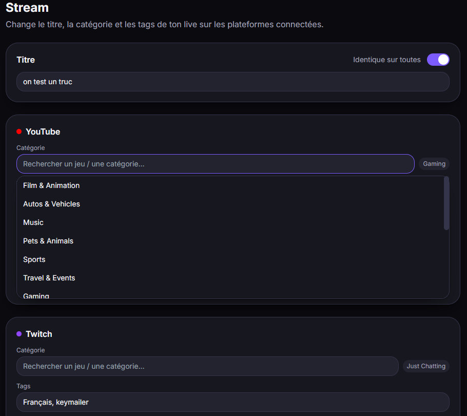 Le contrôle du stream (titre, catégorie, tags).