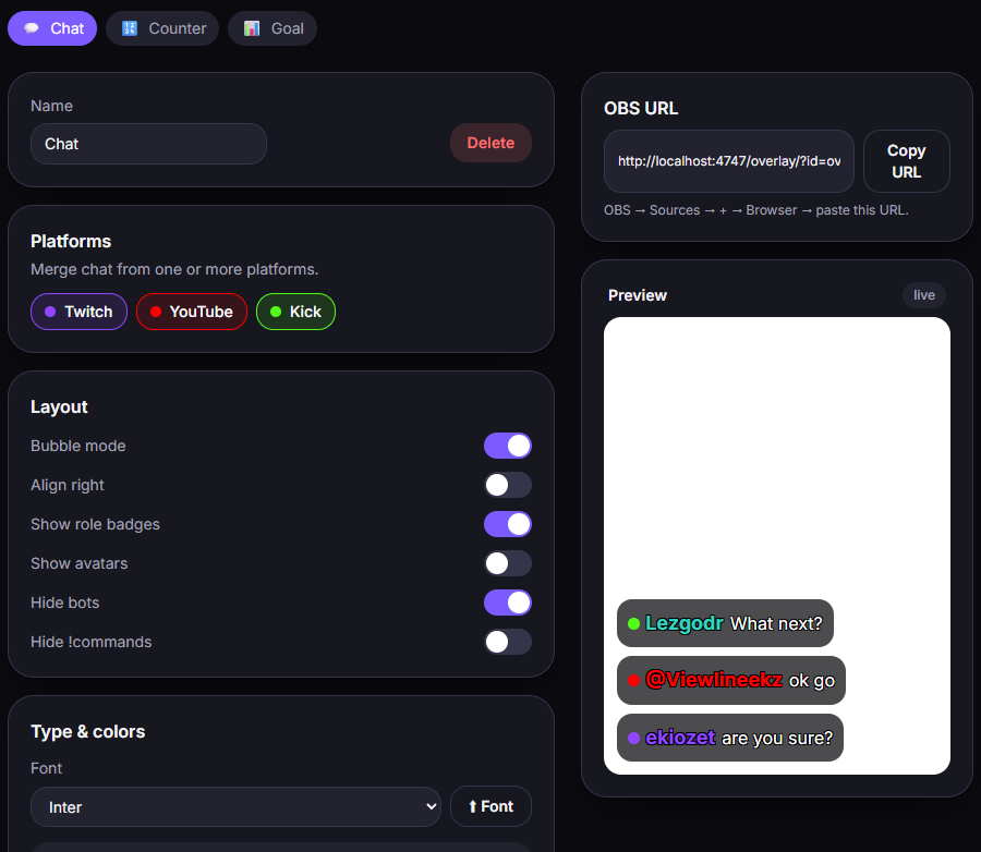 Der Overlay-Editor mit Vorschau.