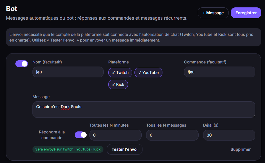 Le bot et une règle de message.