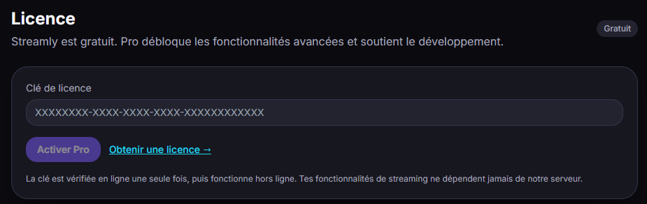 La page Licence : colle ta clé, puis « Activer Pro ».