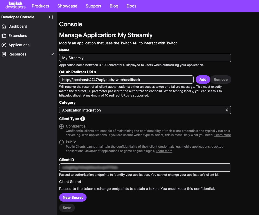 L'app Twitch (portail dev).