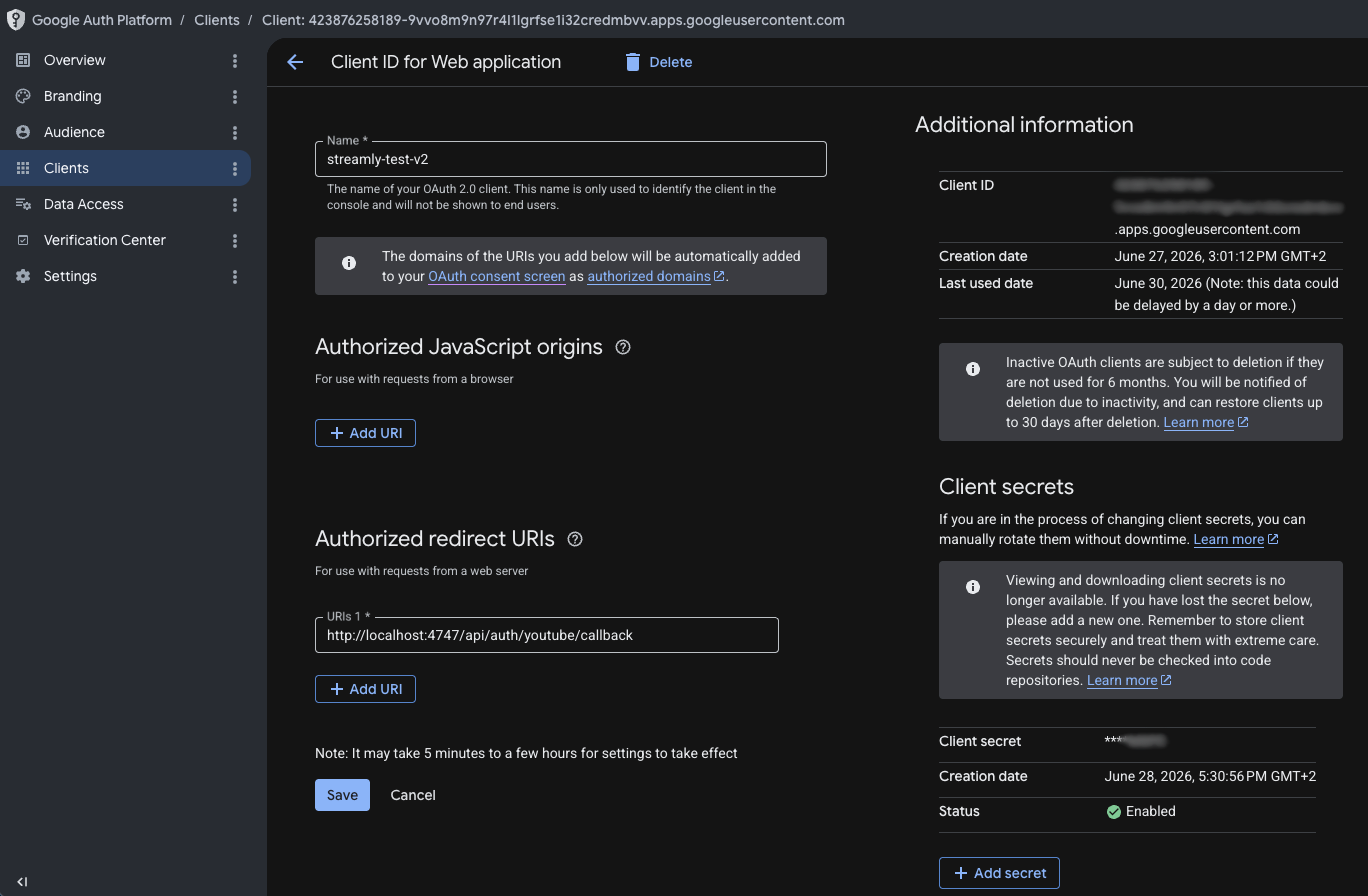 Google Cloud — création du client OAuth.