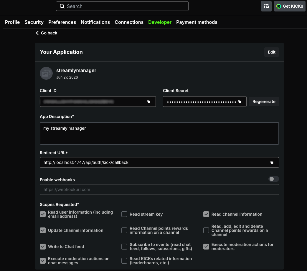 Le portail Kick avec les permissions.